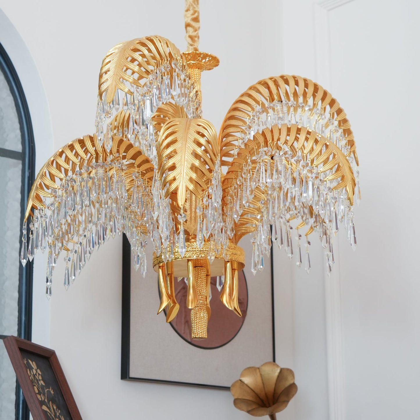 Brass Palm Leaf Crystal Ceiling fixture Chandelier