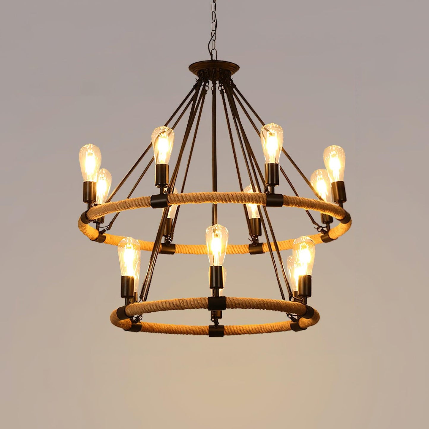 Hemp Rope Industrial Large Circle Candelabrum Chandelier