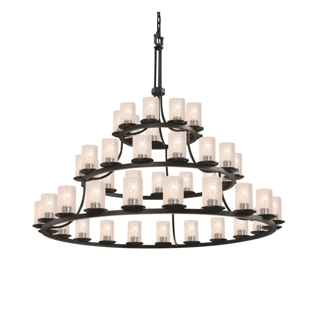 Fusion 45 Light 60" Wide Pillar Candle Chandelier with Flat Rimmed Cylinder Seeded Shades