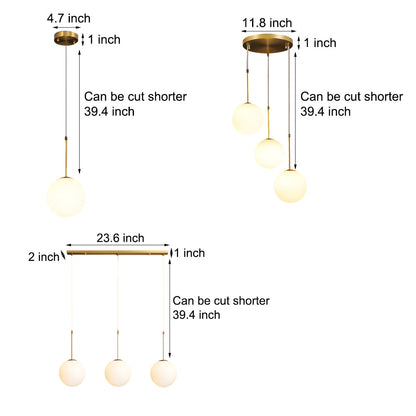 Modern 1/3-Light White Glass Globe Island Pendant Light in Gold Finish