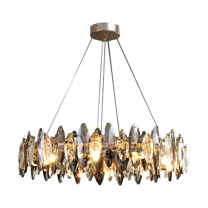 Round Iron LED Oval Crystal Decor Smoke Gray Modern Chandelier Light