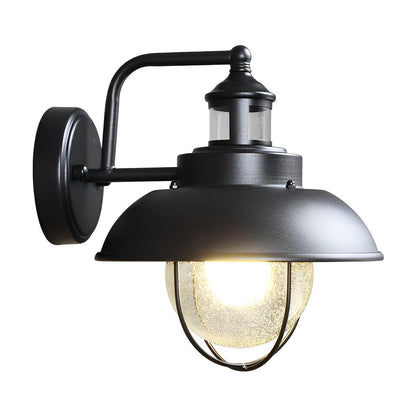 Nautical Black 1-Light Metal Cage Seeded Glass Outdoor Wall Light