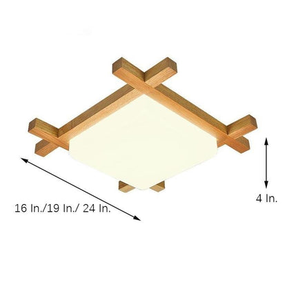 Square Rustic Wood Dimmable LED Modern Flush Mount Ceiling Light