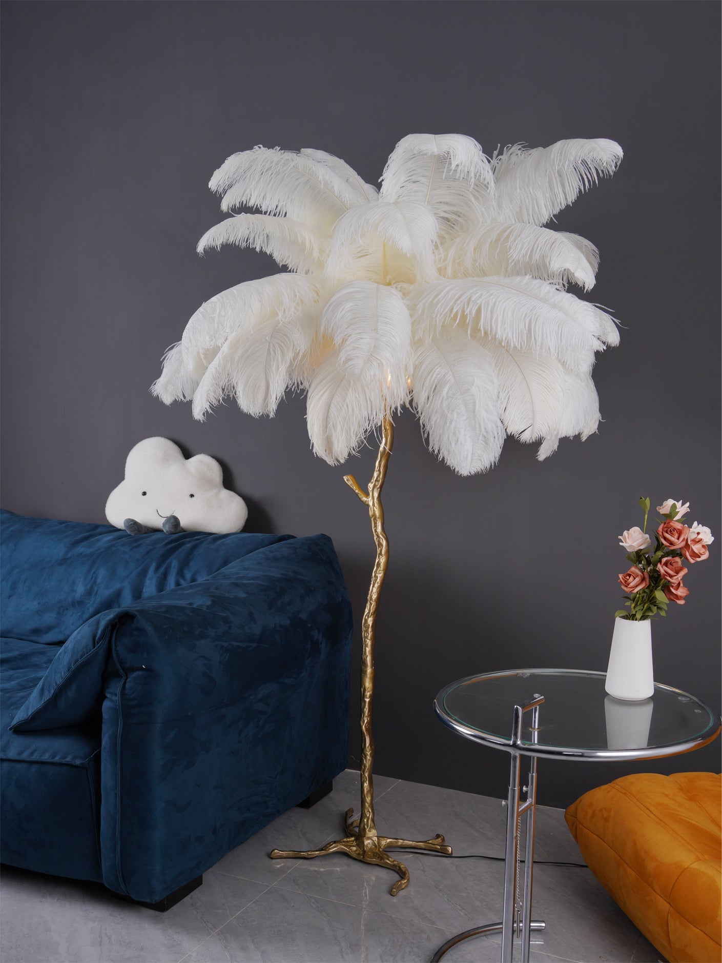 Ostrich Feather Brass Standing Lamp Floor Lamp