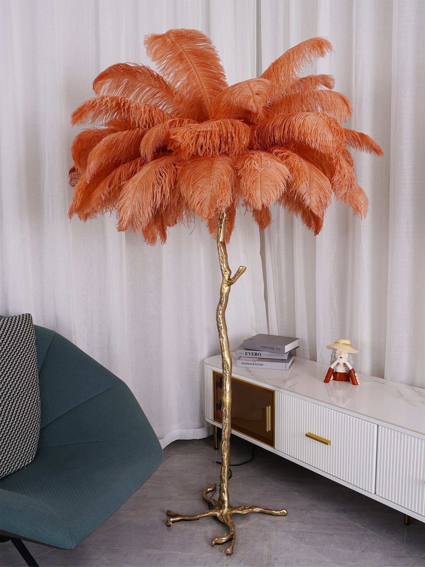 Ostrich Feather Brass Standing Lamp Floor Lamp
