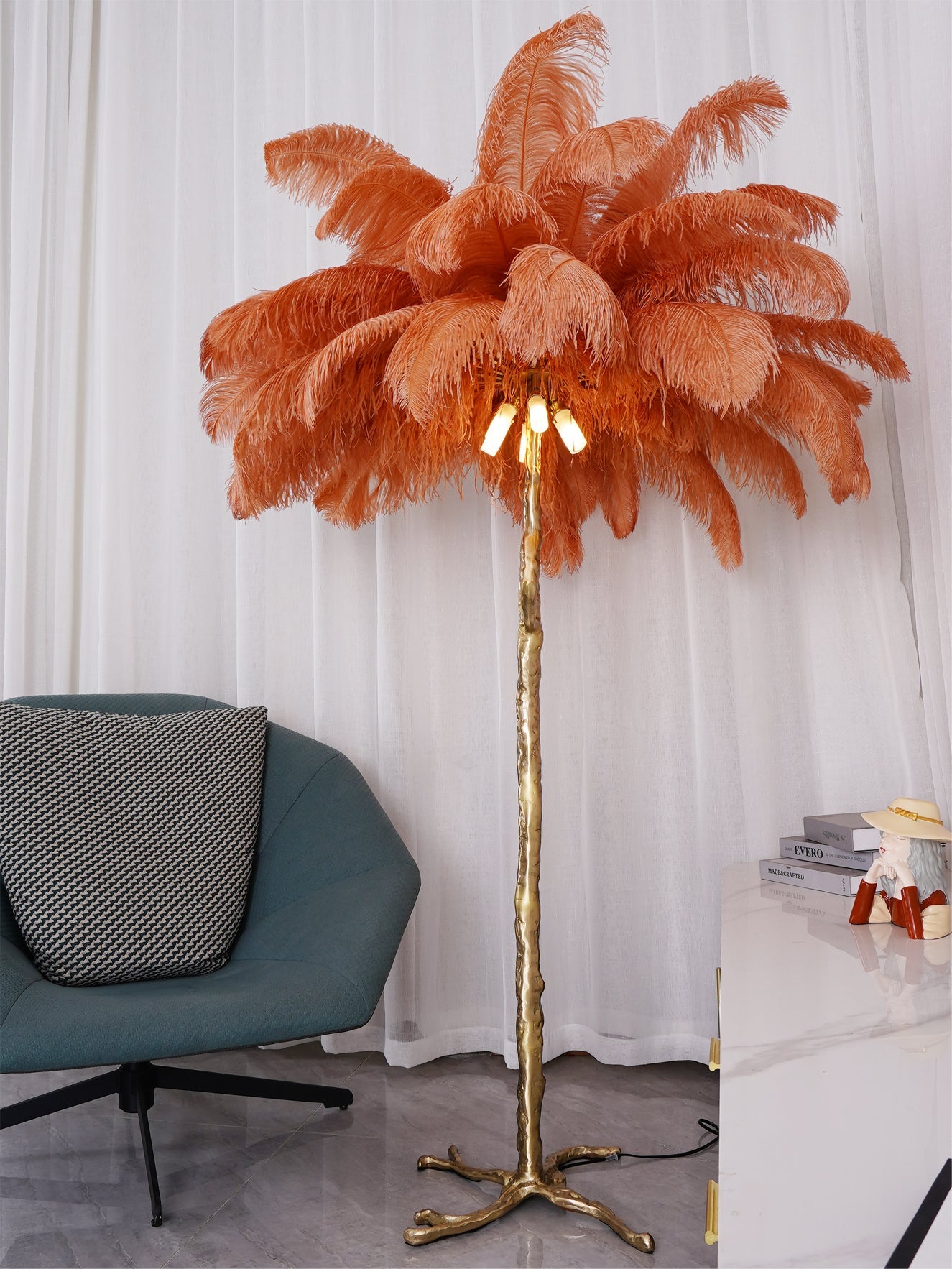 Ostrich Feather Brass Standing Lamp Floor Lamp