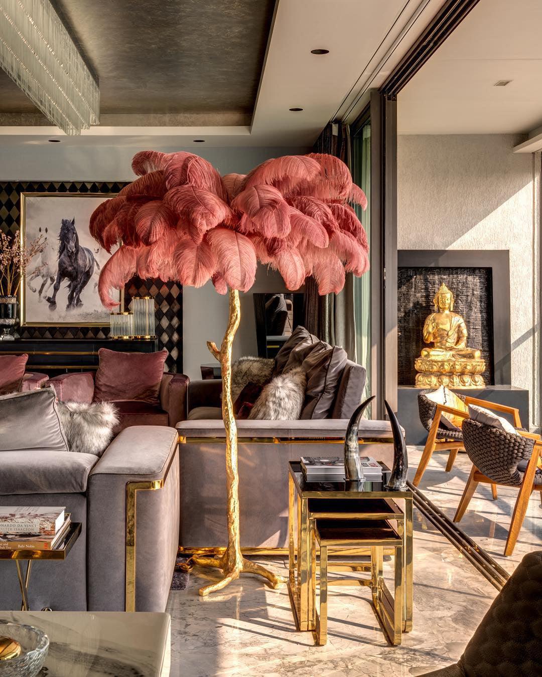 Ostrich Feather Brass Standing Lamp Floor Lamp