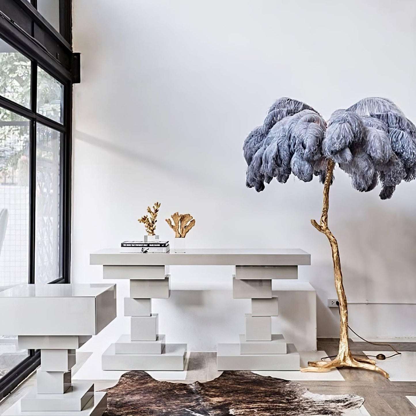 Ostrich Feather Brass Standing Lamp Floor Lamp