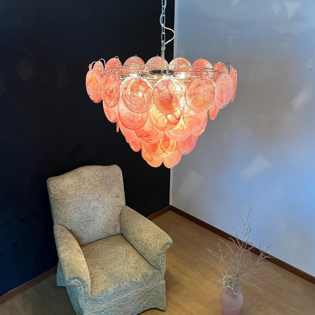 Pink Murano Disc Crown Chandelier