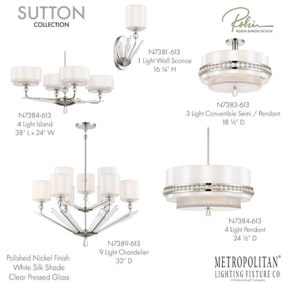 Sutton 9 Light 32" Wide Chandelier with Silk and Ribbed Glass Shades