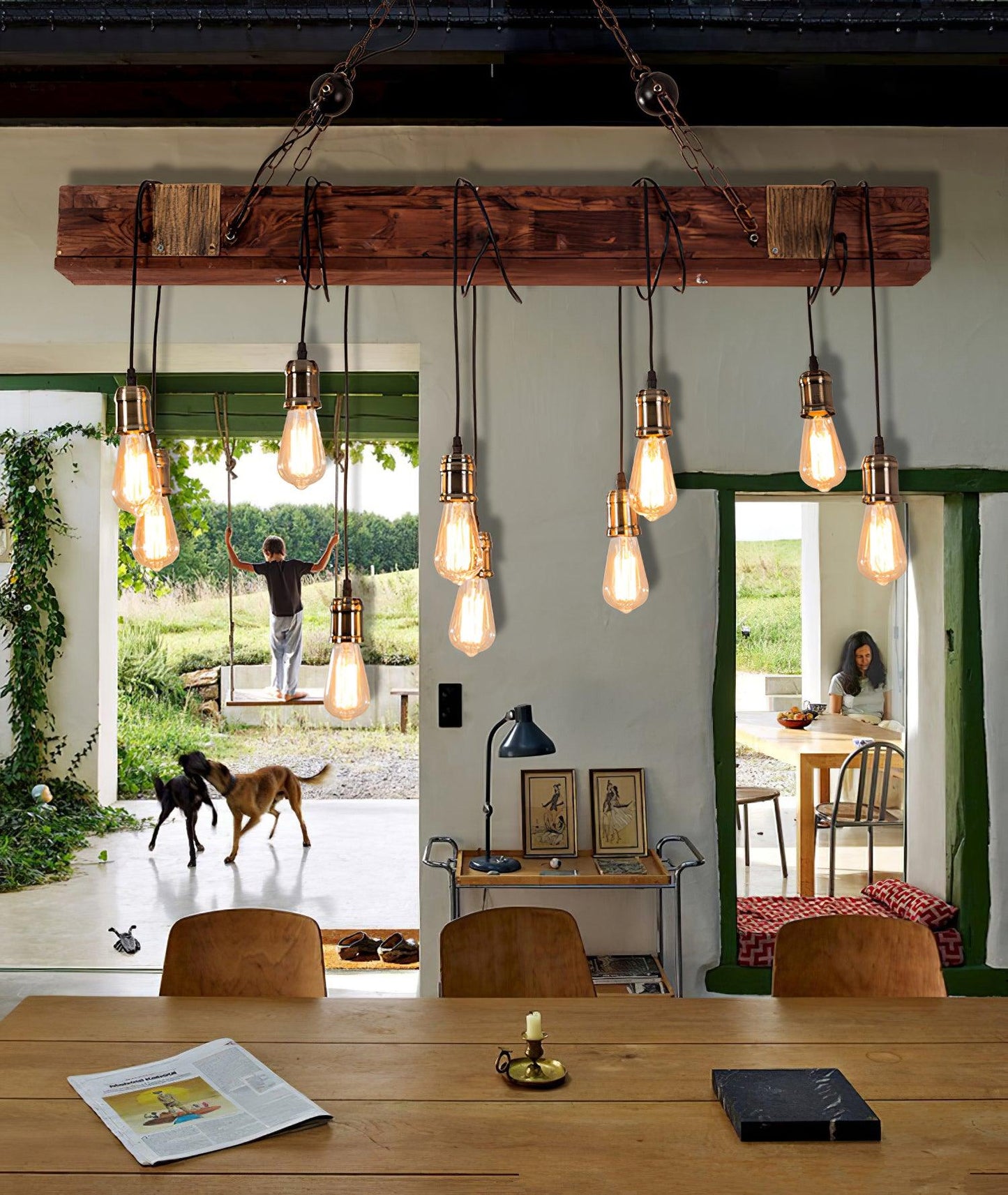 Wood Hanging Multi Gasolier Chandelier