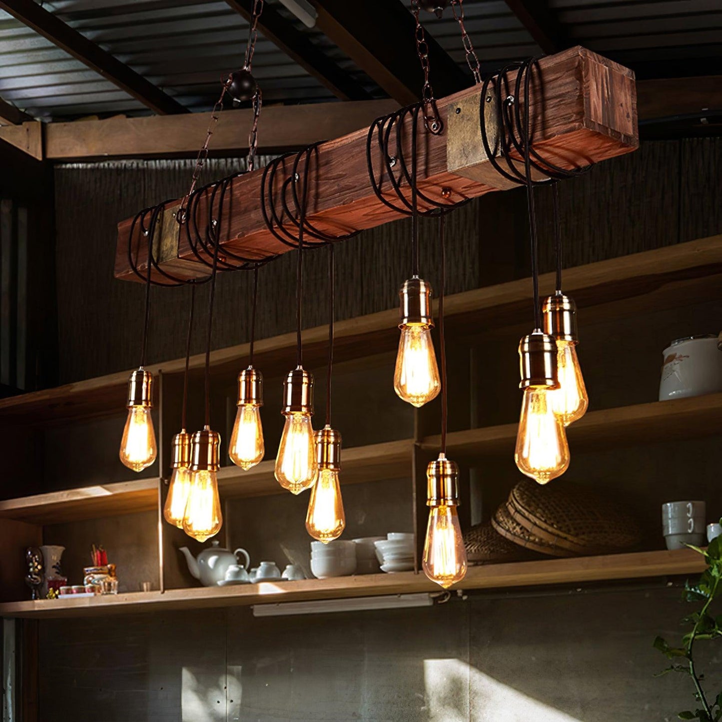 Wood Hanging Multi Gasolier Chandelier