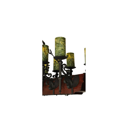 Tudor 15 Light 60" Wide Pillar Candle Style Chandelier with Green Jadestone Shades- Wrought Iron Finish