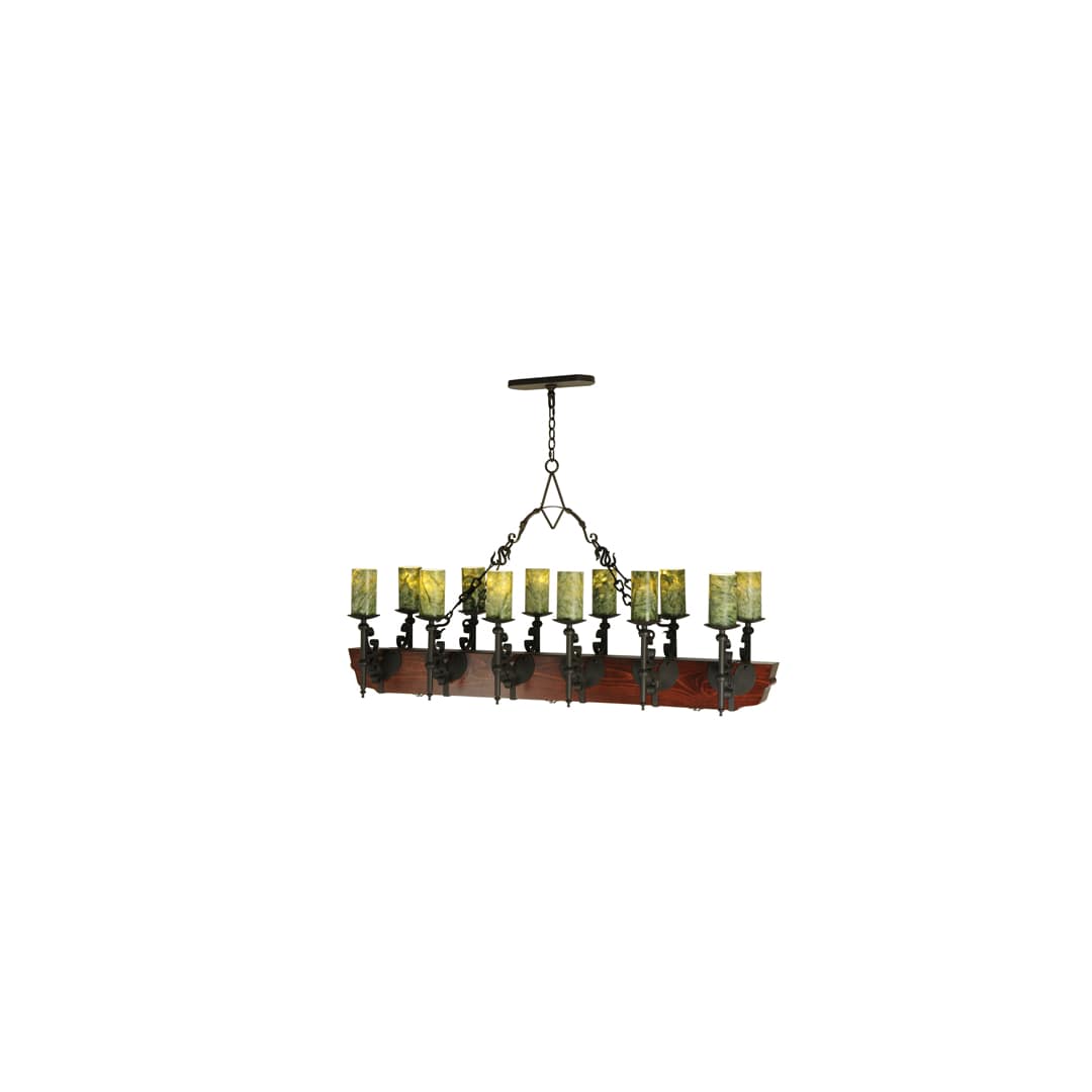 Tudor 15 Light 60" Wide Pillar Candle Style Chandelier with Green Jadestone Shades- Wrought Iron Finish