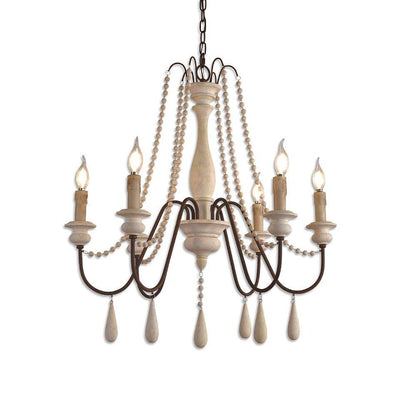 Rustic Farmhouse Wood Bead Chandelier with Teardrops Candle-Style Lights